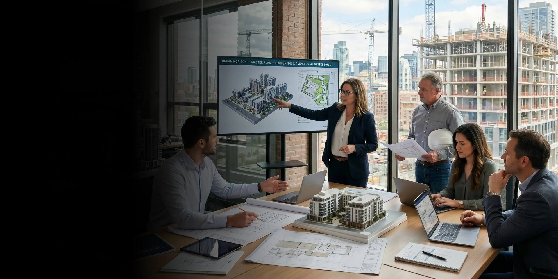 Team reviewing plans for real estate development services in Los Angeles County.