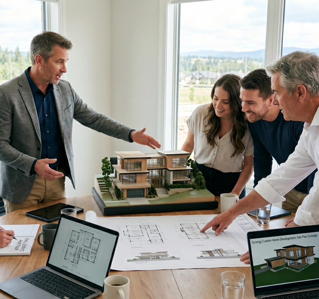 Family reviewing custom home development plans in Los Angeles County.