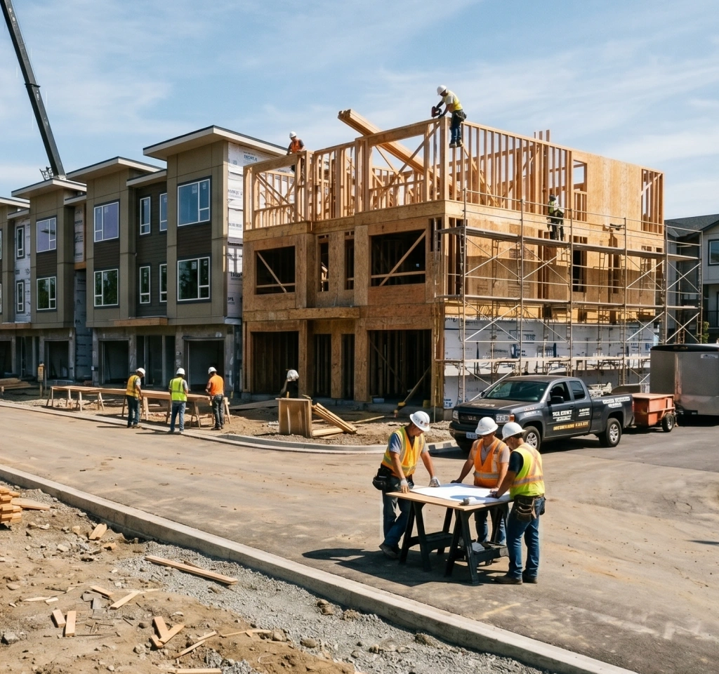 Investors reviewing investment property construction plans in California.