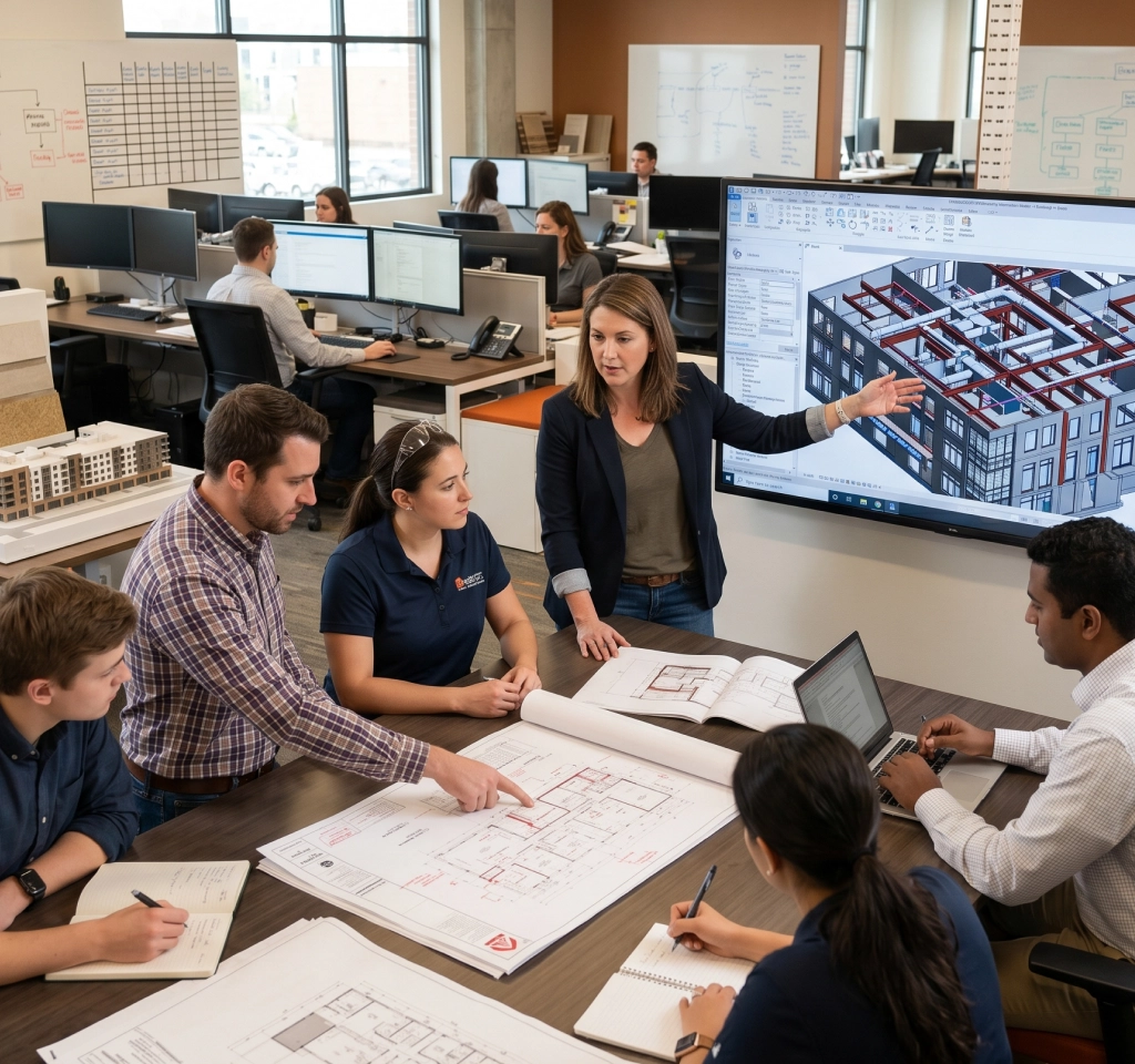 Team reviewing architectural project coordination plans in California.