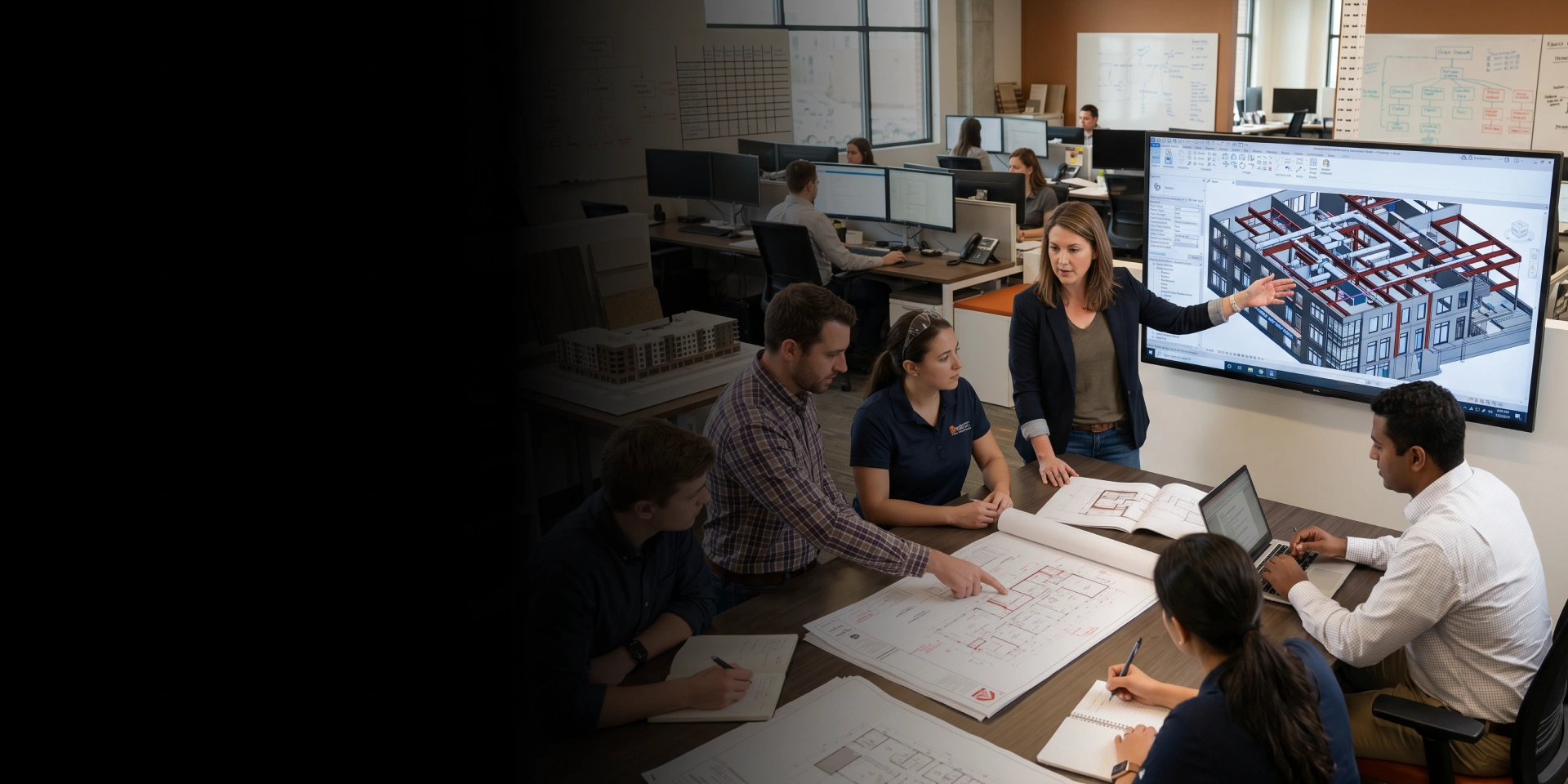 Team reviewing architectural project coordination plans in California.
