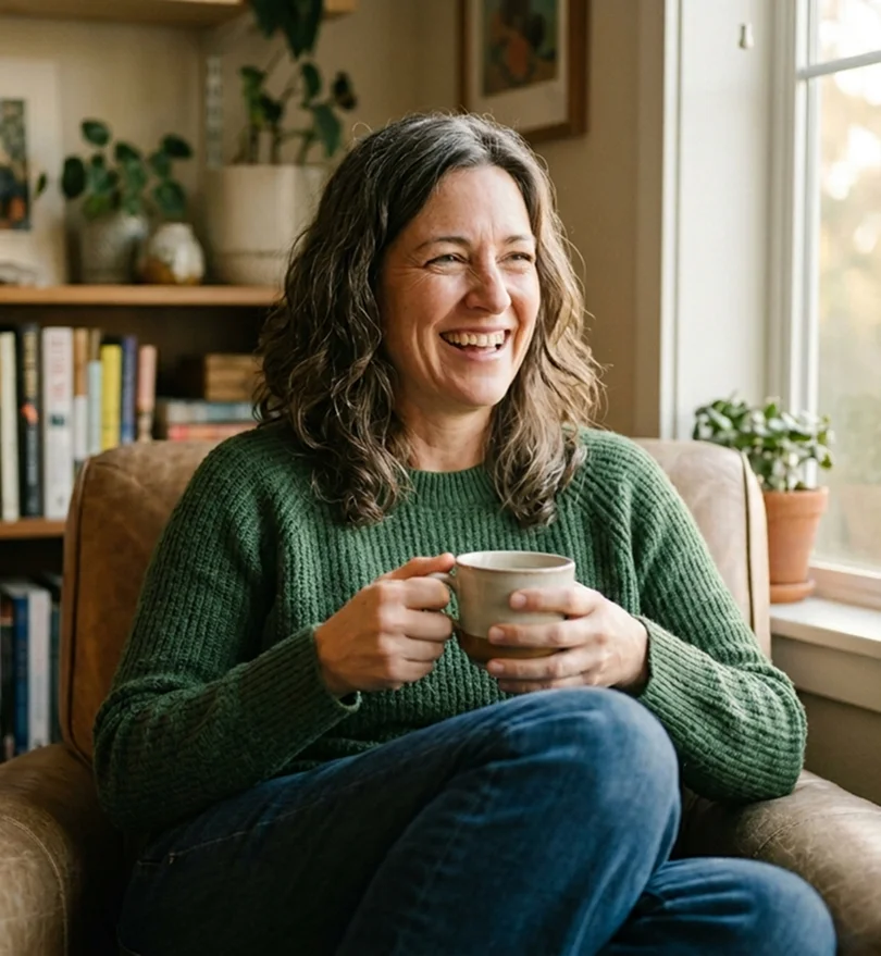 Midlife woman feeling supported and reconnected through life coaching in Peterborough