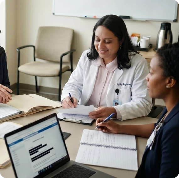 Certified psychiatrist discussing treatment plans with a patient