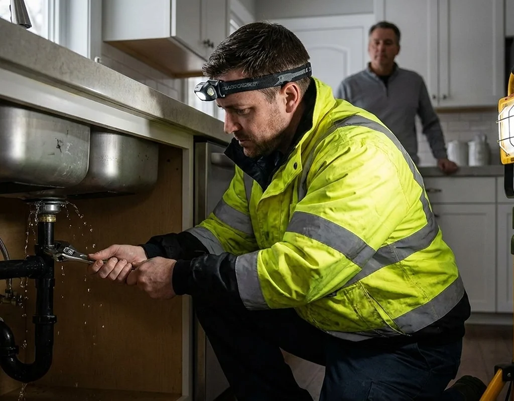 Emergency plumber responding to a burst pipe