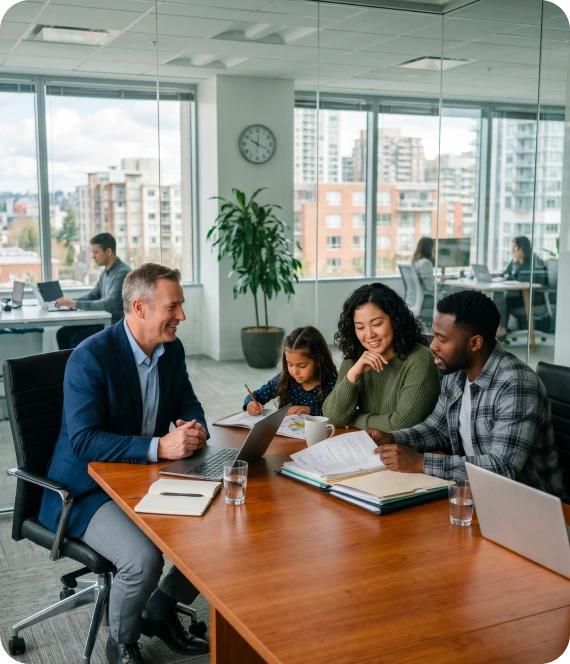 Family discussing a rent-to-own program with an advisor across Canada.