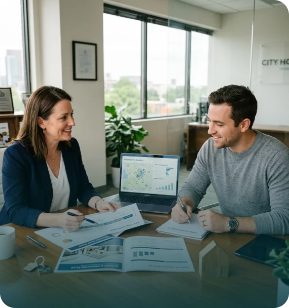 A Real Estate Consultant reviewing ownership options with buyers.