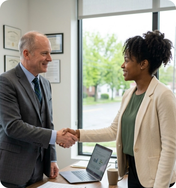 An entrepreneur discussing Rent to Own for Self-Employed with an advisor.