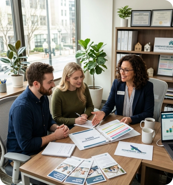 Buyers discussing Rent to Own after Bankruptcy with an advisor.