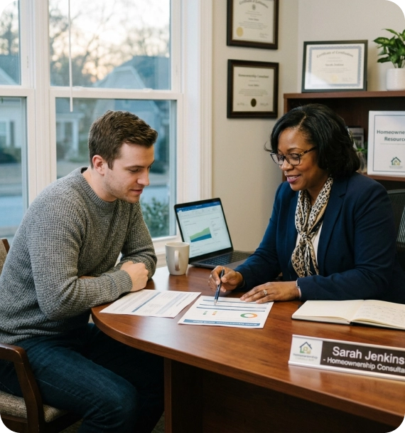 A housing specialist explaining Rent to Own after Bankruptcy solutions.