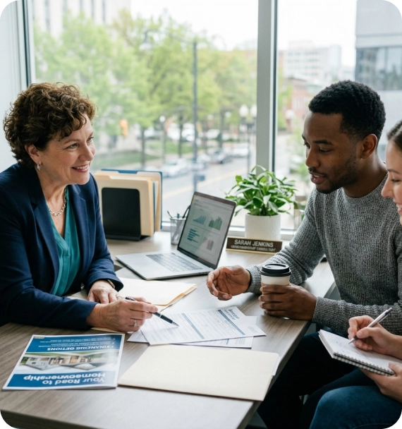 A housing specialist explaining rent-to-own programs in Ontario.