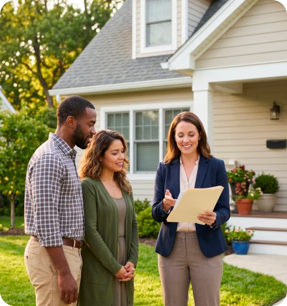 Happy homeowners receiving keys to their home