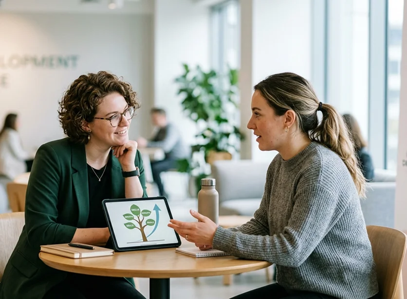 One-on-one life coaching session with a technical professional in a calm setting