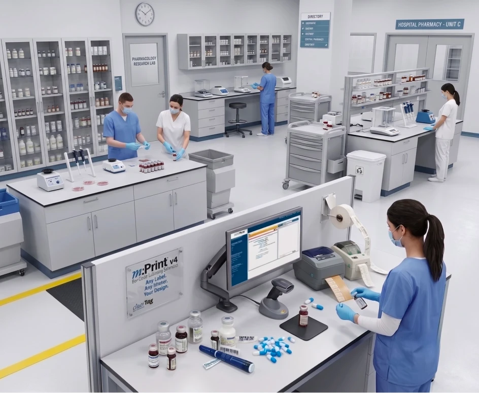 Technician reviewing packaged medications beside an automated dispensing system.