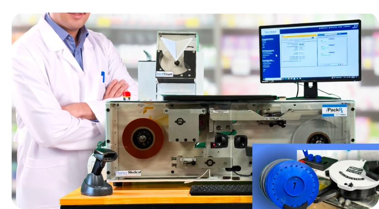 Pharmacist using pharmacy automation technology to package medications accurately.