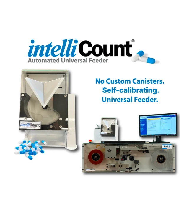 Healthcare professionals preparing medications with automated packaging equipment.