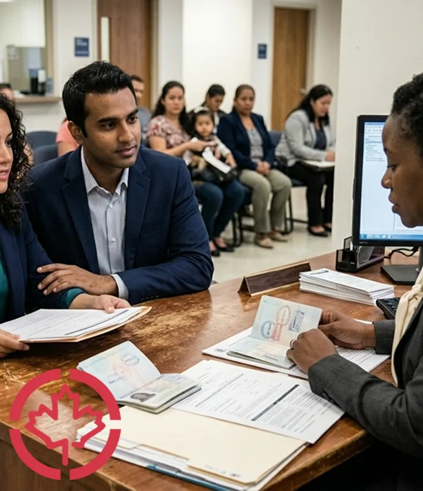 Couple receiving sponsorship advice in Winnipeg office
