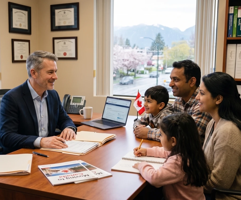 Family discussing Canadian immigration services in our Winnipeg office