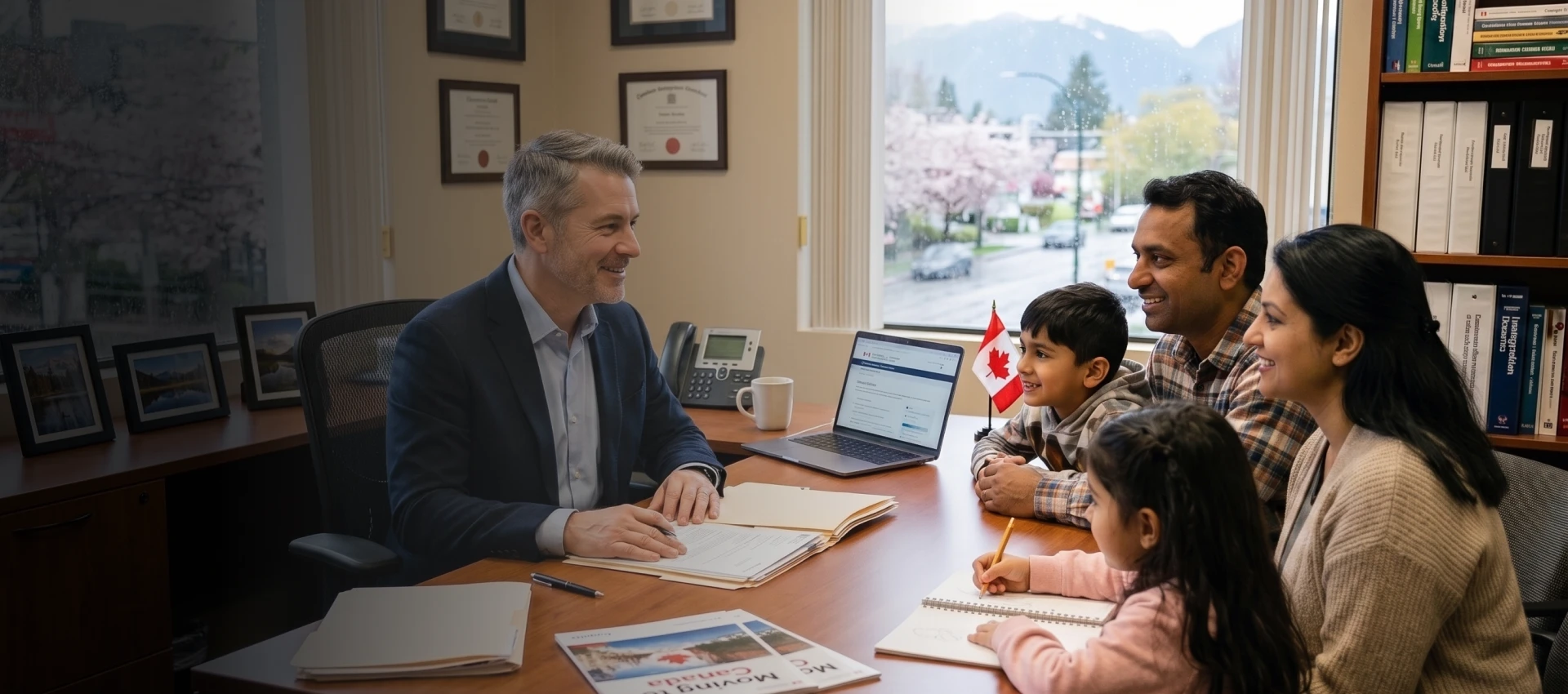 Family discussing Canadian immigration services in our Winnipeg office
