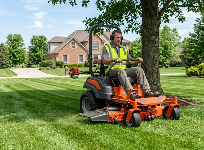 One dedicated professional carefully mowing a residential lawn