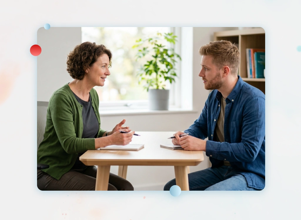 Client discussing goals during health coaching in Wilmington.
