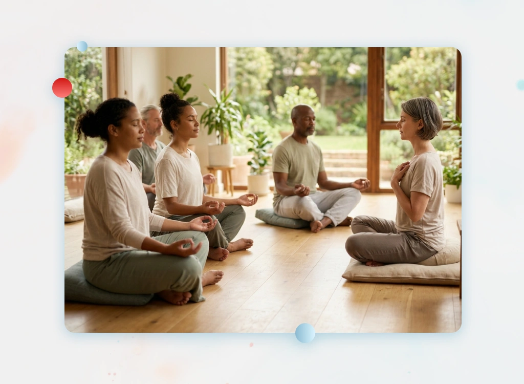 Guided breathing during a group meditation practice.