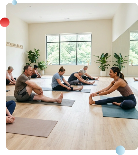 Gentle stretching during yoga classes for beginners.