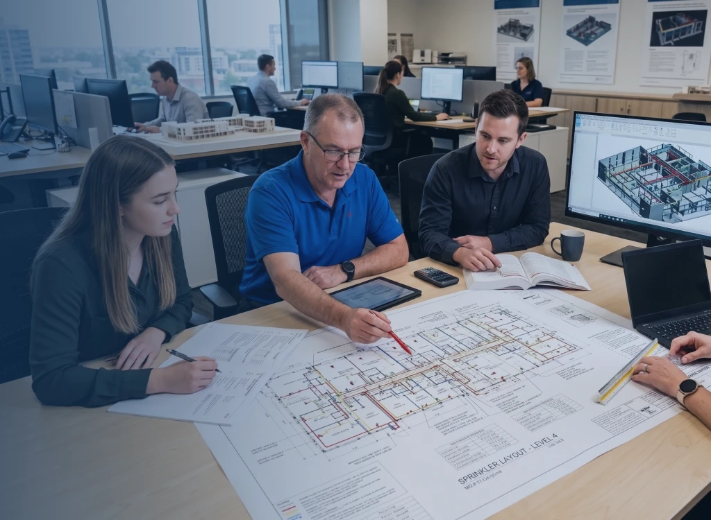 Engineer reviewing fire sprinkler services for a commercial building project