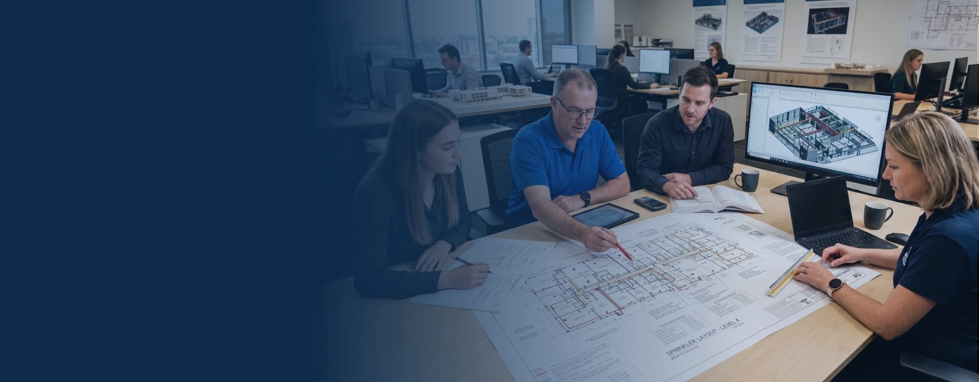 Engineer reviewing fire sprinkler services for a commercial building project