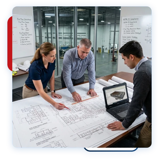 Sprinkler design team reviewing architectural building drawings