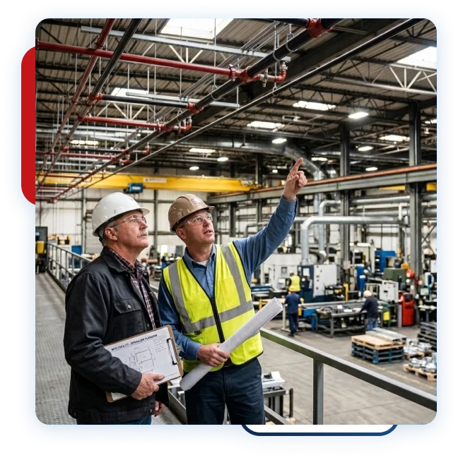 Construction team planning fire protection for an industrial project