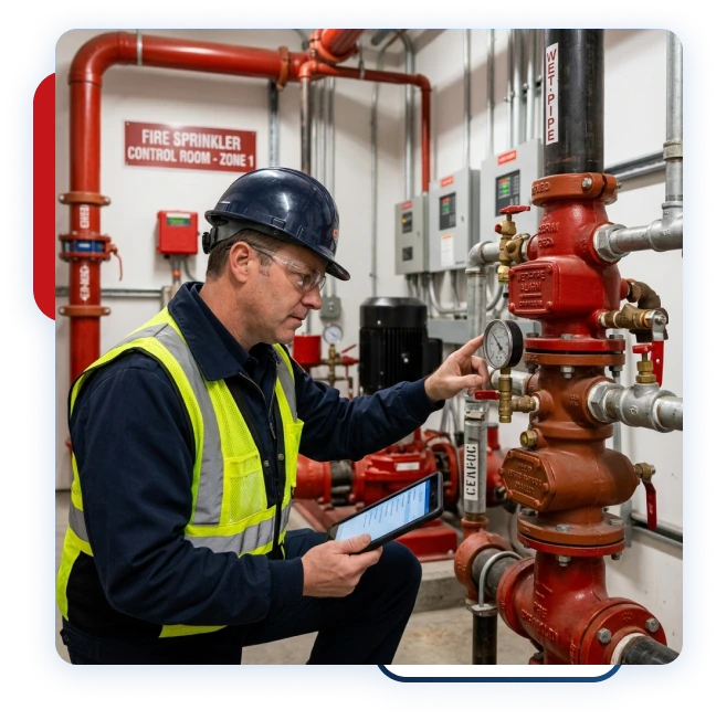 Engineer checking sprinkler pipe routing on an active construction site