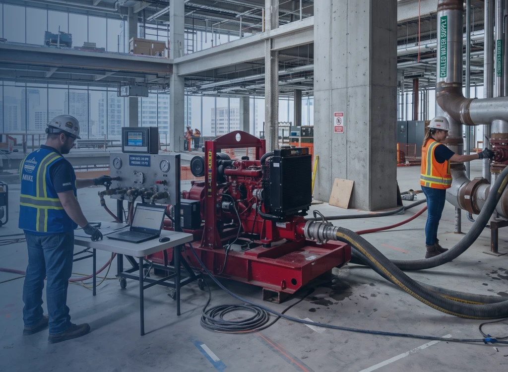 Engineer performing a hydro flow test at a commercial property
