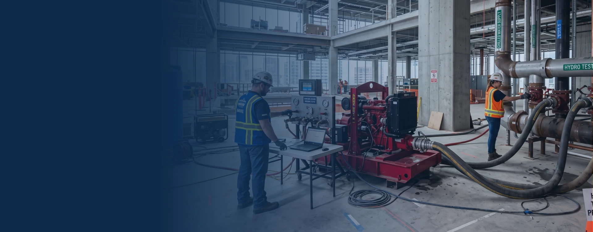 Engineer performing a hydro flow test at a commercial property