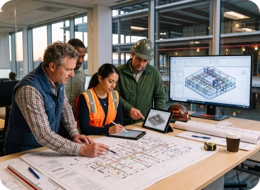 Engineering team preparing construction-ready sprinkler drawings