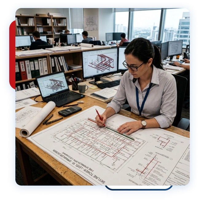 Contractors reviewing engineering drawings in Vaughan