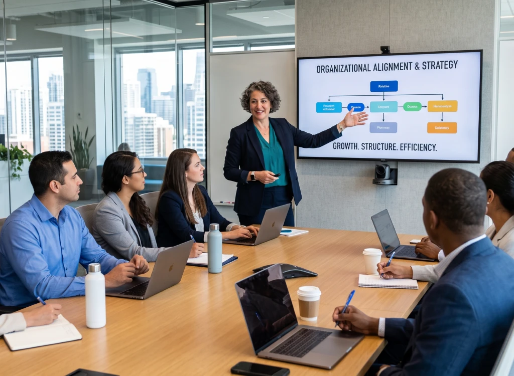 Leadership team reviewing corporate culture diagnosis during a strategy meeting.