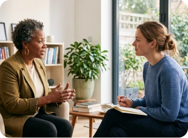 Client discussing personal growth during a personalized coaching session.