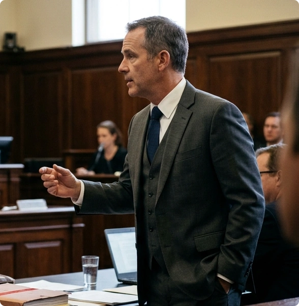 A criminal defense lawyer in Toronto organizes documents before a hearing.