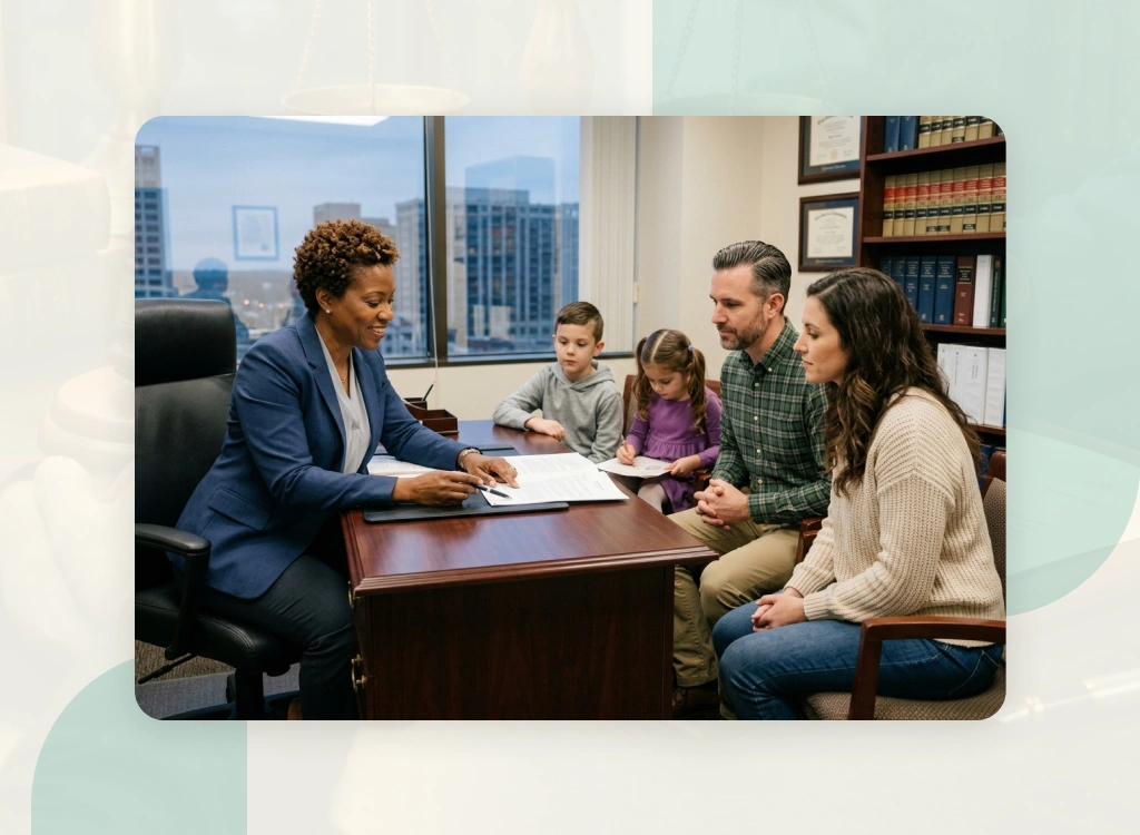 The best family lawyer in Toronto discusses legal options with a client.