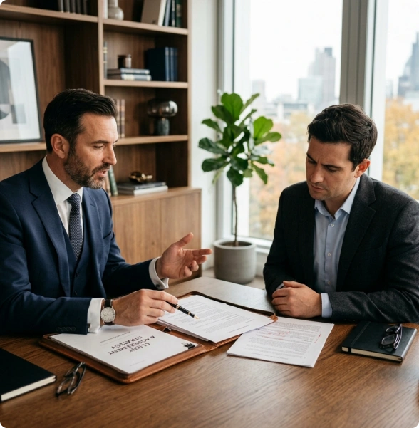 An immigration lawyer in Toronto prepares documents with a client.