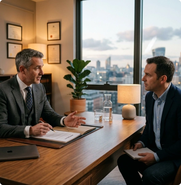 A criminal defense lawyer in Oshawa reviews court documents with a client.