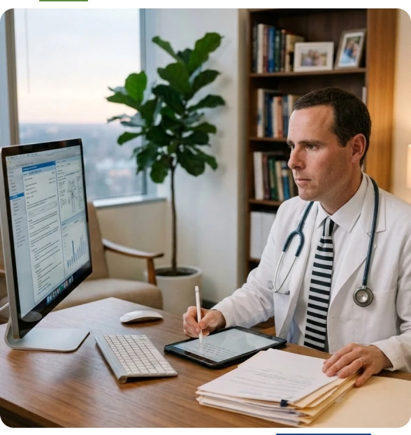 Physician expert witness in Massachusetts reviewing patient records.