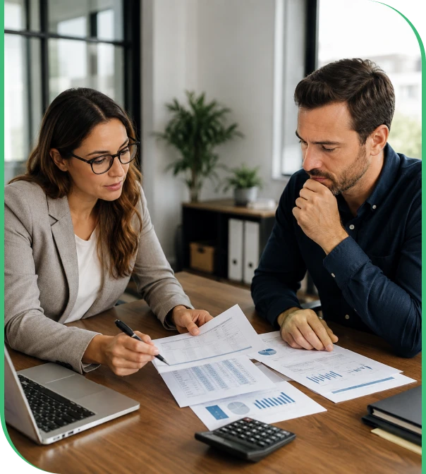 Advisor discussing reports with a client for bookkeeping and advisory services