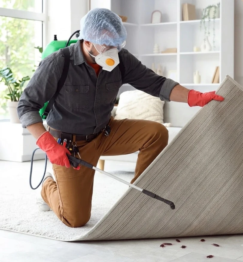 Technician treating interior baseboards for crawling insects