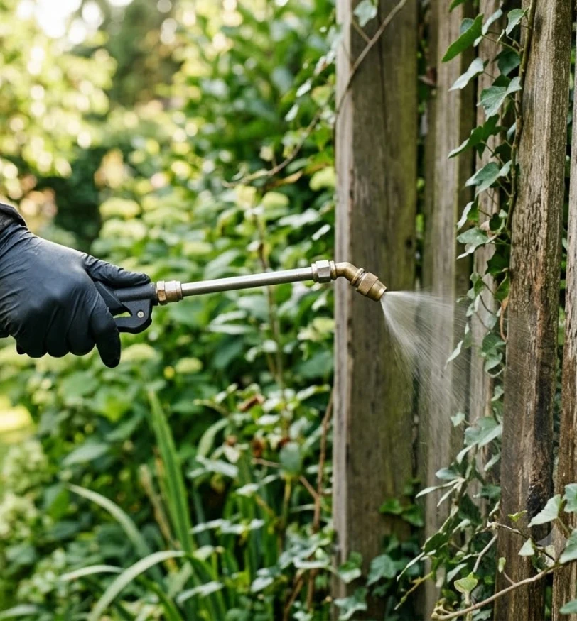 Specialist providing pest control services in Wickliffe around a home's exterior.