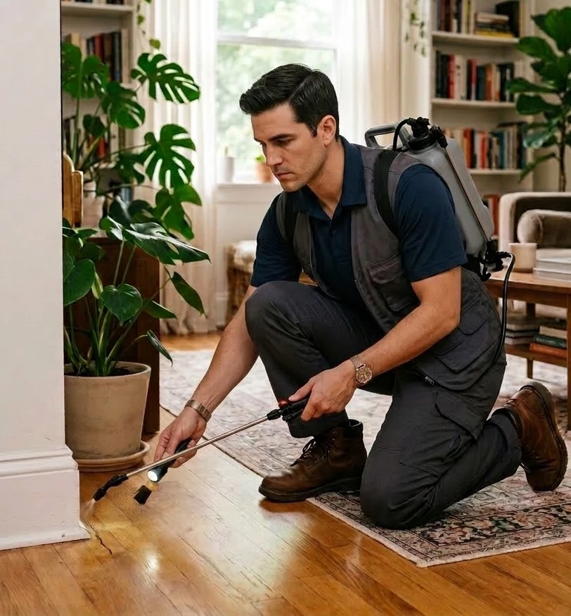 Professional providing pest control services in Mayfield at a family residence.