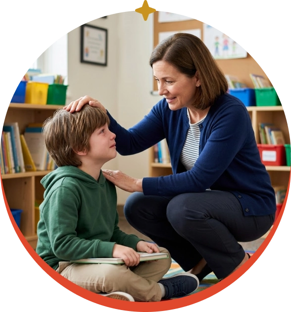Teacher guiding children through a youth coaching program in the classroom.