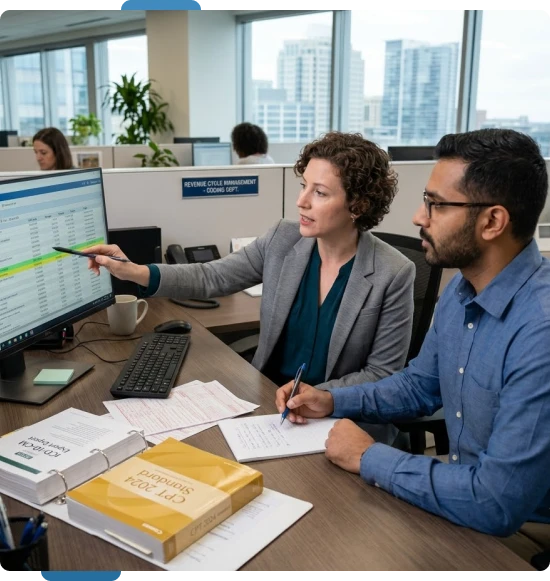 Office staff discussing medical billing and coding services in California