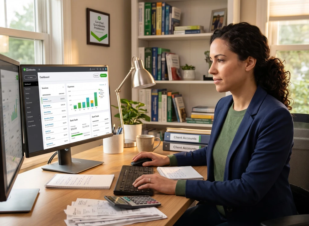 Bookkeeping services desk with reports