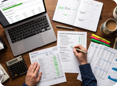 Small business owner reviewing organized financial records